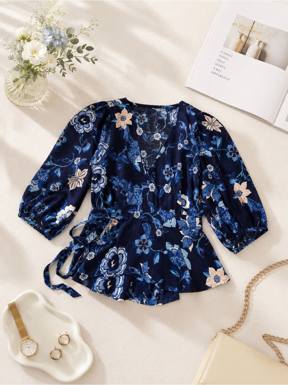 GAP Navy Blue Floral Wrap Peplum Blouse